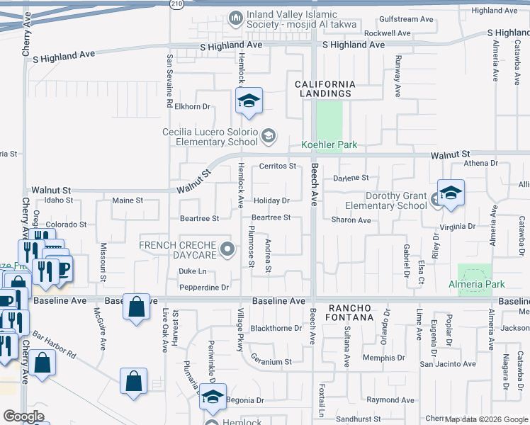 map of restaurants, bars, coffee shops, grocery stores, and more near 15164 Beartree Street in Fontana