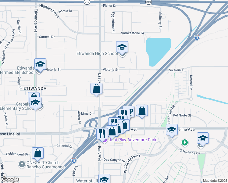 map of restaurants, bars, coffee shops, grocery stores, and more near 13393 Redwood Drive in Rancho Cucamonga