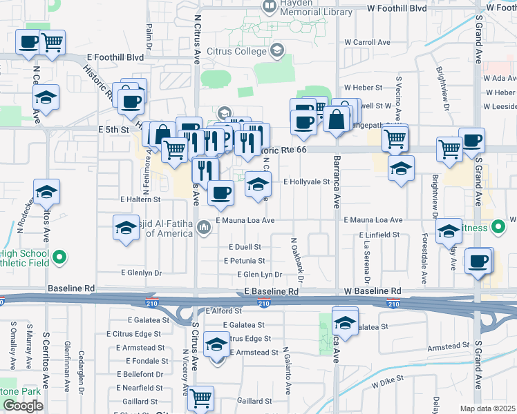 map of restaurants, bars, coffee shops, grocery stores, and more near 363 North Calera Avenue in Azusa