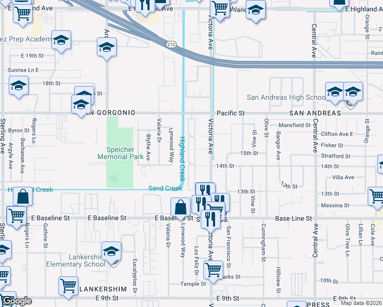 map of restaurants, bars, coffee shops, grocery stores, and more near 2727 Pacific Street in Highland