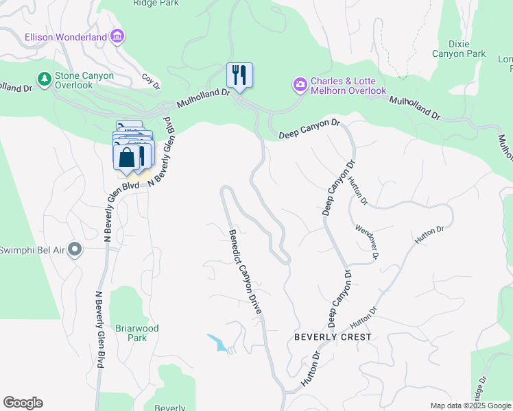 map of restaurants, bars, coffee shops, grocery stores, and more near 3025 Benedict Canyon Drive in Beverly Hills