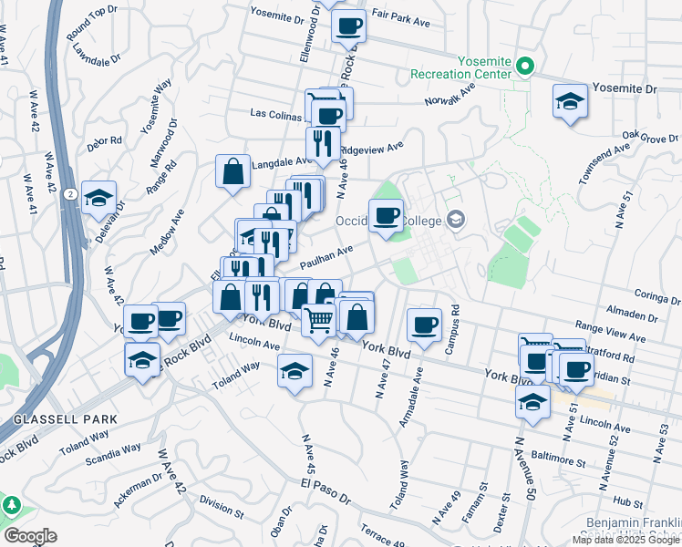 map of restaurants, bars, coffee shops, grocery stores, and more near 4571 Paulhan Avenue in Los Angeles