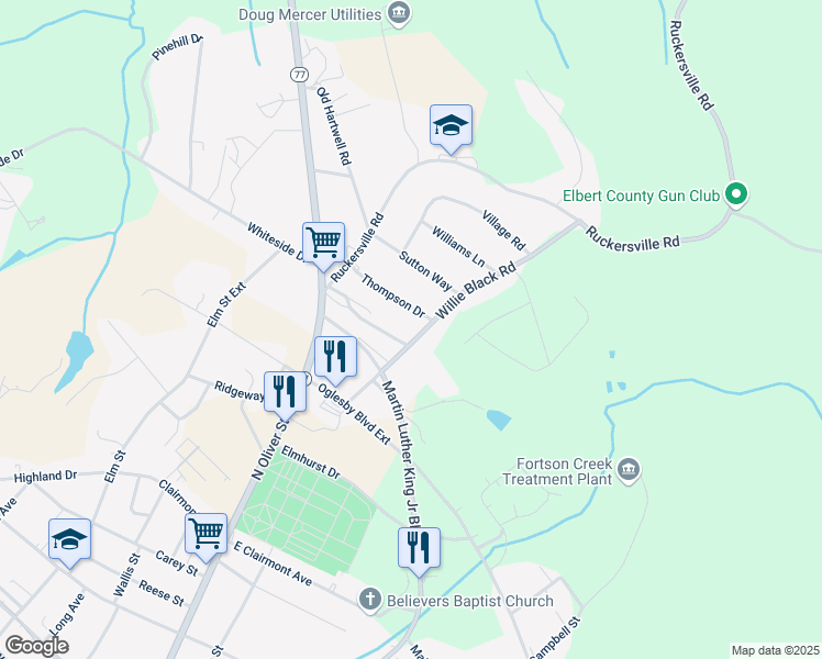 map of restaurants, bars, coffee shops, grocery stores, and more near 1142 Thompson Drive in Elberton