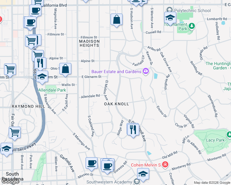 map of restaurants, bars, coffee shops, grocery stores, and more near 1205 South Oak Knoll Avenue in Pasadena