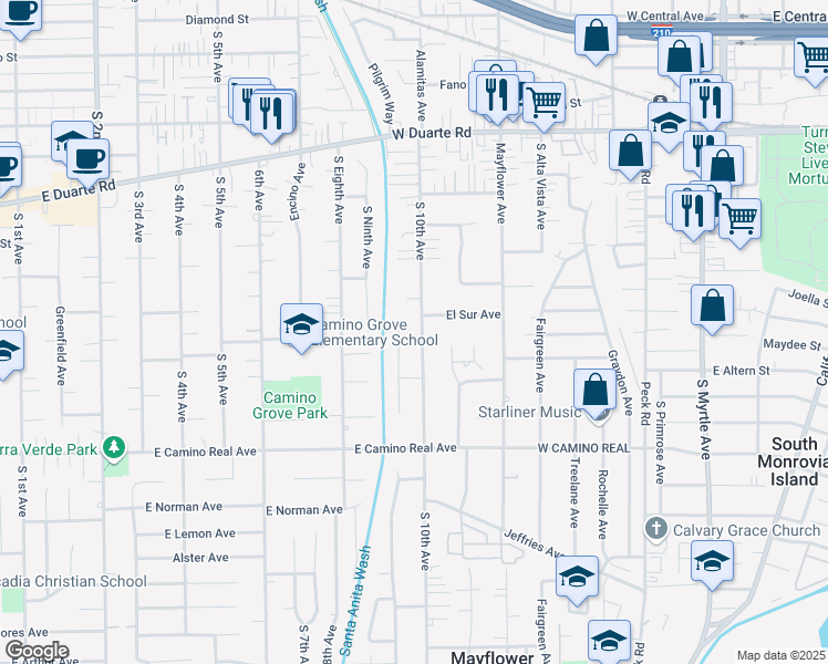 map of restaurants, bars, coffee shops, grocery stores, and more near 1301 South 10th Avenue in Arcadia