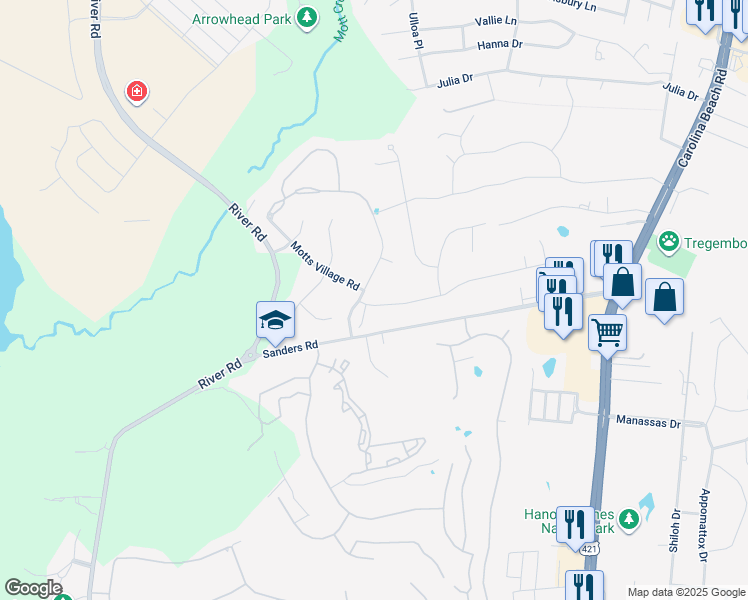 map of restaurants, bars, coffee shops, grocery stores, and more near 305 Motts Forest Road in Wilmington
