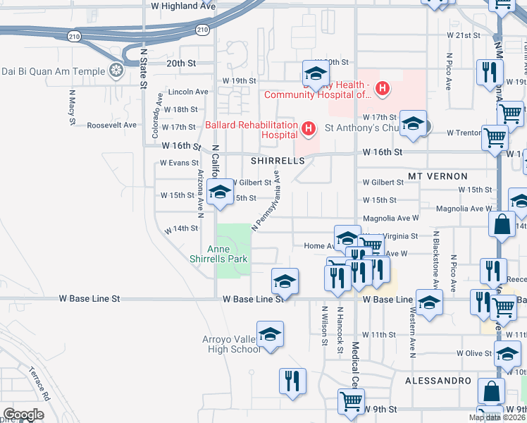 map of restaurants, bars, coffee shops, grocery stores, and more near 1444 North Pennsylvania Street in San Bernardino
