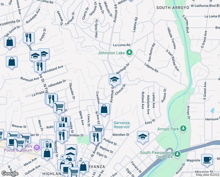 map of restaurants, bars, coffee shops, grocery stores, and more near 1117 North Avenue 64 in Los Angeles