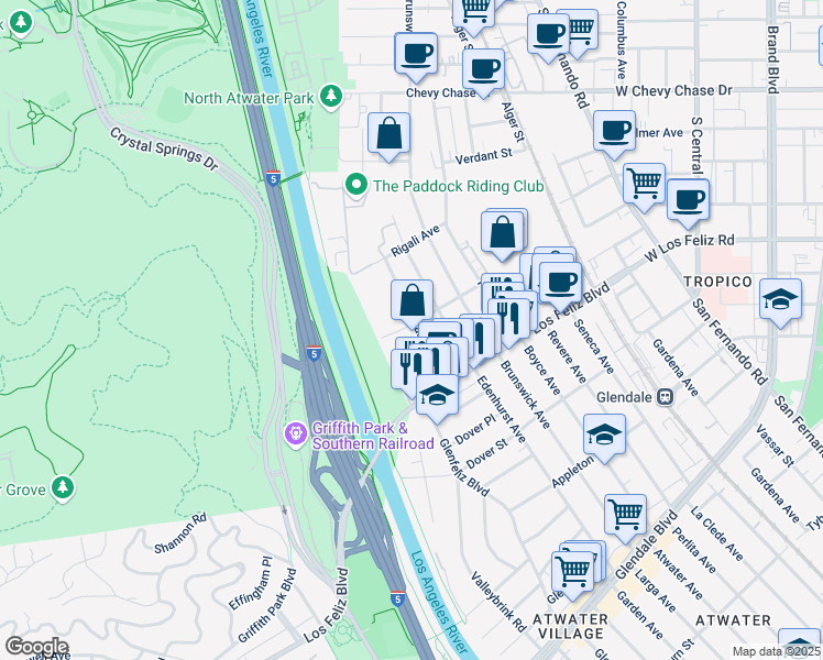 map of restaurants, bars, coffee shops, grocery stores, and more near 4115 Garden Avenue in Los Angeles