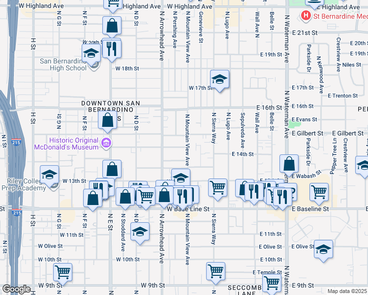 map of restaurants, bars, coffee shops, grocery stores, and more near 215 West 14th Street in San Bernardino
