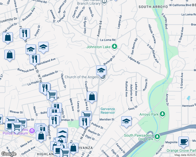map of restaurants, bars, coffee shops, grocery stores, and more near 1117 North Avenue 64 in Los Angeles