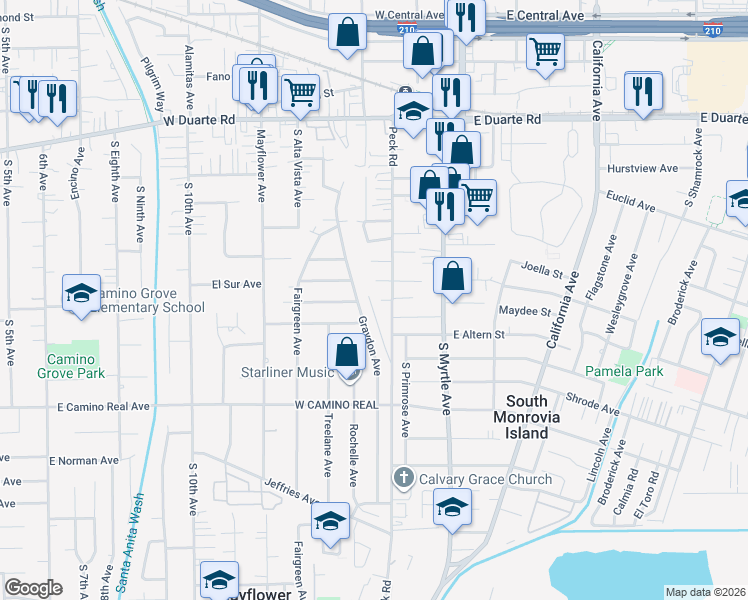 map of restaurants, bars, coffee shops, grocery stores, and more near 119 West Atara Street in Monrovia