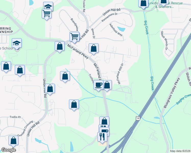 map of restaurants, bars, coffee shops, grocery stores, and more near 850 McFarland Parkway in Alpharetta