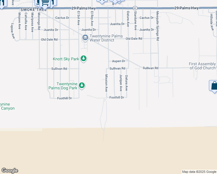map of restaurants, bars, coffee shops, grocery stores, and more near 7025 Mission Avenue in Twentynine Palms