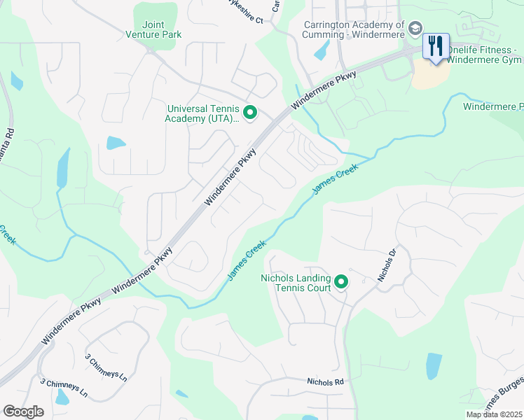 map of restaurants, bars, coffee shops, grocery stores, and more near 4315 Hastings Drive in Cumming