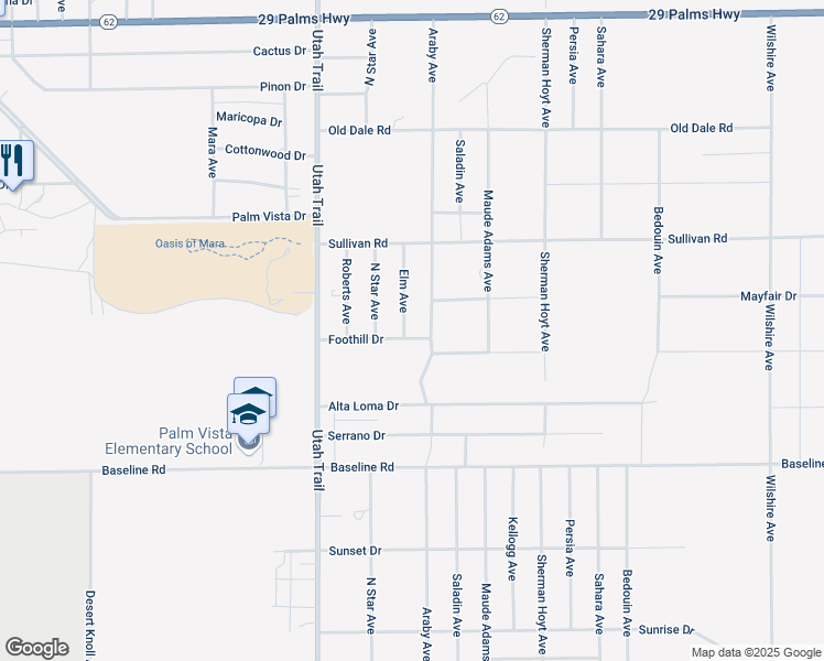 map of restaurants, bars, coffee shops, grocery stores, and more near 7030 Araby Avenue in Twentynine Palms