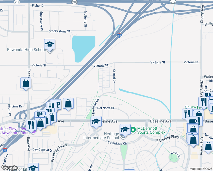 map of restaurants, bars, coffee shops, grocery stores, and more near 13801 Victoria Street in Fontana