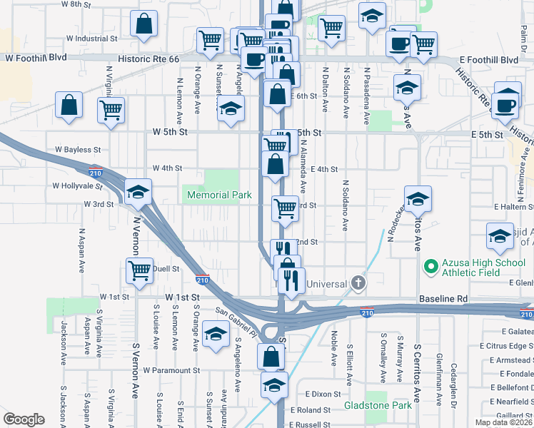 map of restaurants, bars, coffee shops, grocery stores, and more near 301 North San Gabriel Avenue in Azusa