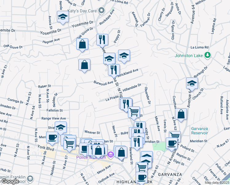 map of restaurants, bars, coffee shops, grocery stores, and more near 6822 North Figueroa Street in Los Angeles