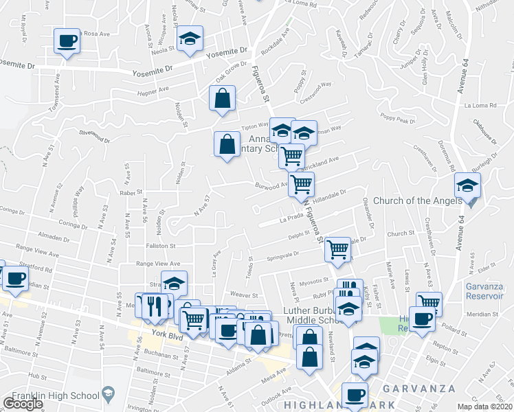 map of restaurants, bars, coffee shops, grocery stores, and more near 5937 Great Oak Circle in Los Angeles
