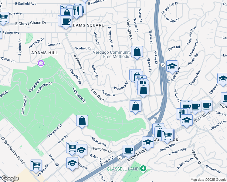map of restaurants, bars, coffee shops, grocery stores, and more near 3853 Wawona Street in Los Angeles
