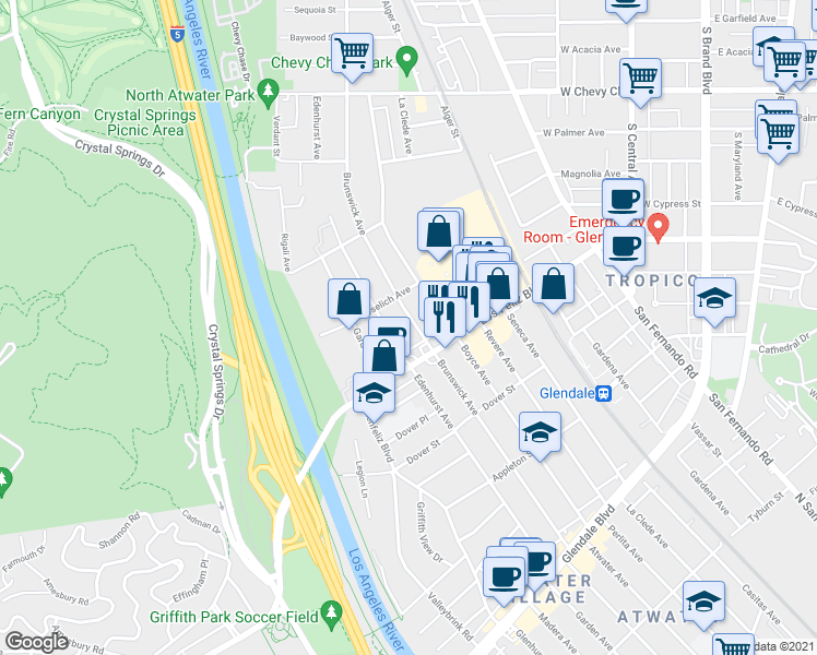 map of restaurants, bars, coffee shops, grocery stores, and more near 4048 Perlita Avenue in Los Angeles