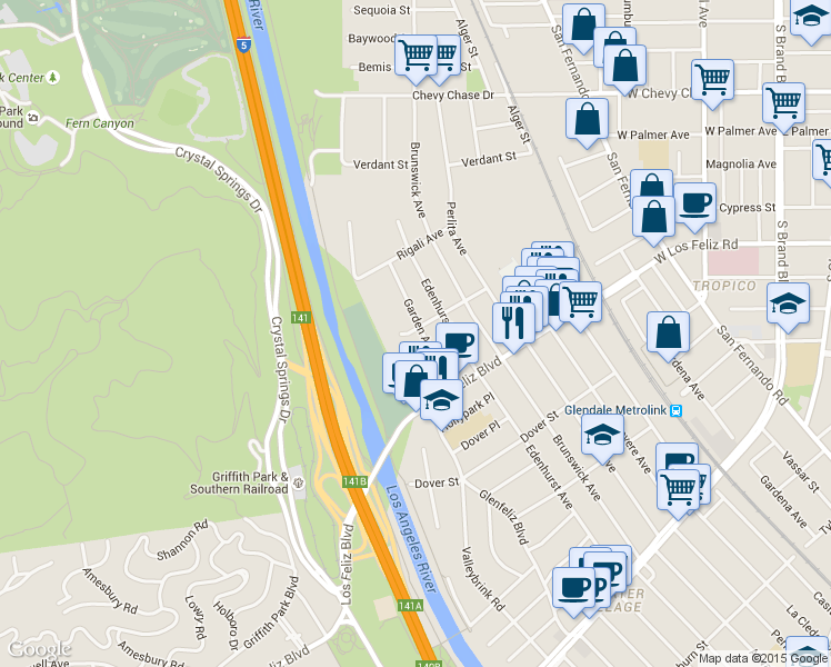map of restaurants, bars, coffee shops, grocery stores, and more near 4115 Garden Avenue in Los Angeles