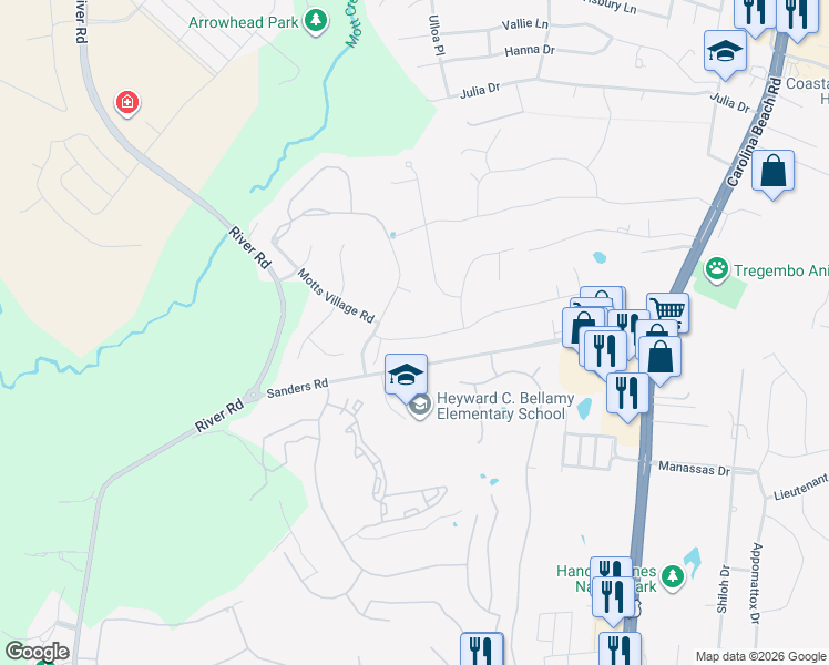 map of restaurants, bars, coffee shops, grocery stores, and more near 303 Motts Forest Road in Wilmington