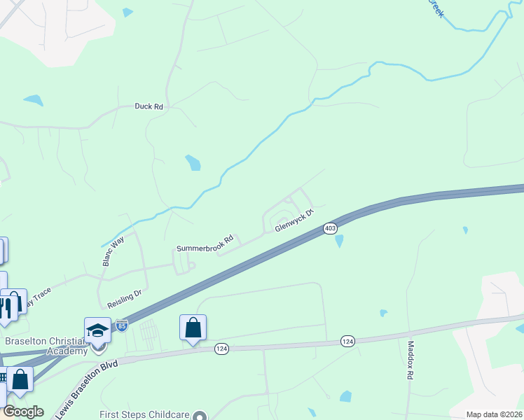 map of restaurants, bars, coffee shops, grocery stores, and more near 711 Walnut Woods Drive in Braselton