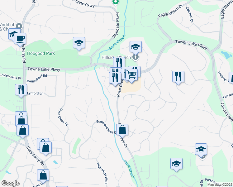 map of restaurants, bars, coffee shops, grocery stores, and more near 90 Grove Park Lane in Woodstock