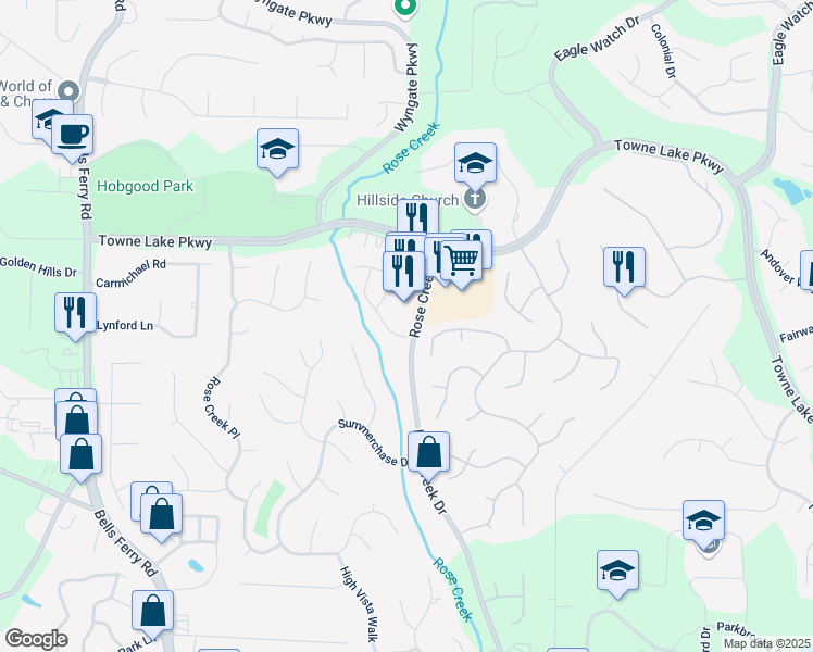 map of restaurants, bars, coffee shops, grocery stores, and more near 1025 Rose Creek Drive in Woodstock
