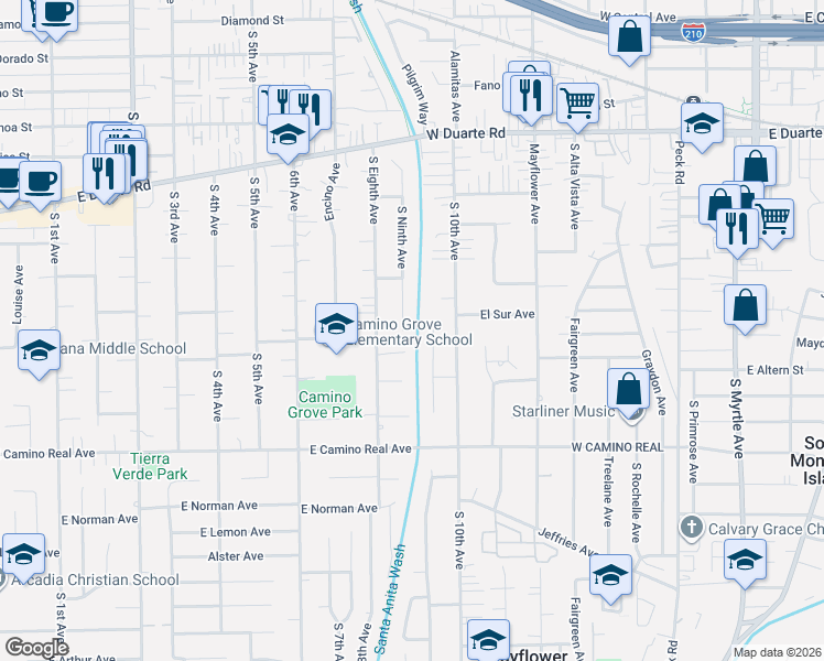map of restaurants, bars, coffee shops, grocery stores, and more near 1240 South Ninth Avenue in Arcadia