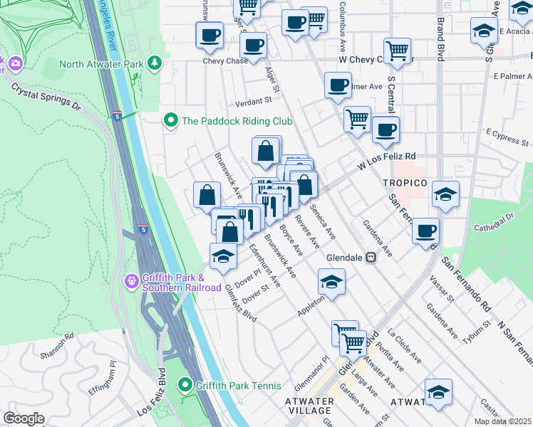 map of restaurants, bars, coffee shops, grocery stores, and more near 4014 Perlita Avenue in Los Angeles