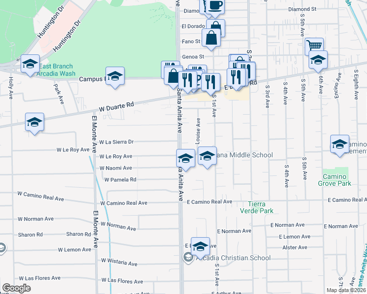 map of restaurants, bars, coffee shops, grocery stores, and more near 7 Linda Rae Way in Arcadia