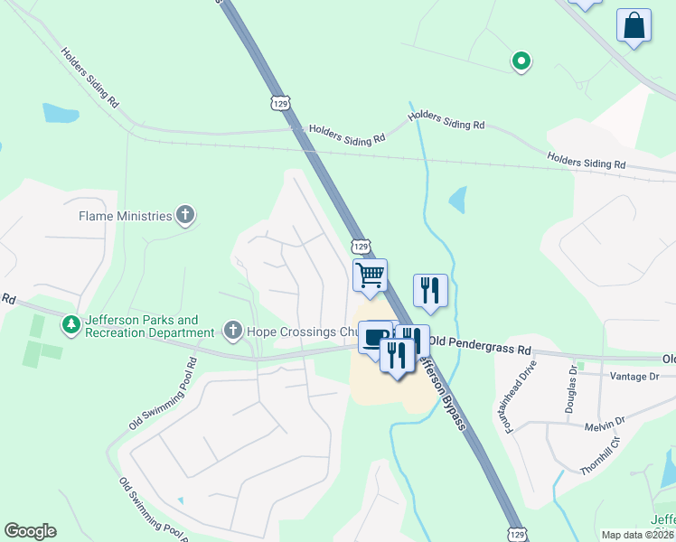 map of restaurants, bars, coffee shops, grocery stores, and more near 229 Red Bud Road in Jefferson