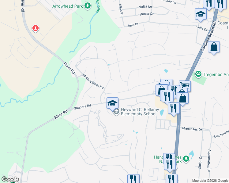 map of restaurants, bars, coffee shops, grocery stores, and more near 303 Motts Forest Road in Wilmington