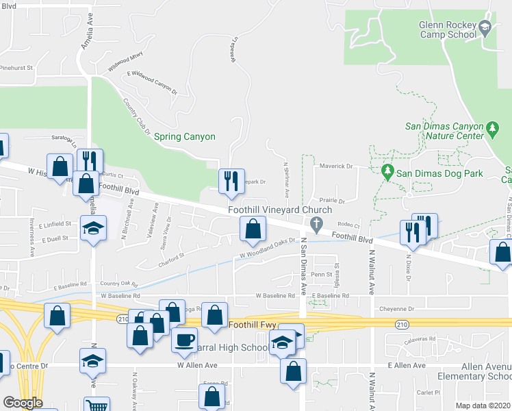 map of restaurants, bars, coffee shops, grocery stores, and more near 2750 West Dalepark Drive in San Dimas