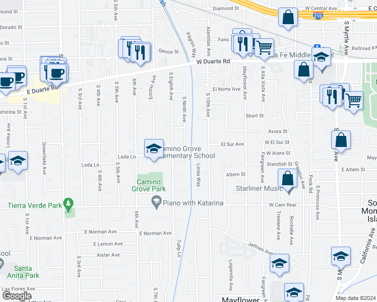 map of restaurants, bars, coffee shops, grocery stores, and more near 1240 South Ninth Avenue in Arcadia