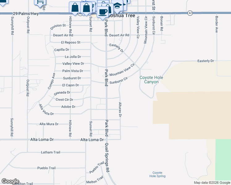 map of restaurants, bars, coffee shops, grocery stores, and more near 7000 Alturas Drive in Joshua Tree