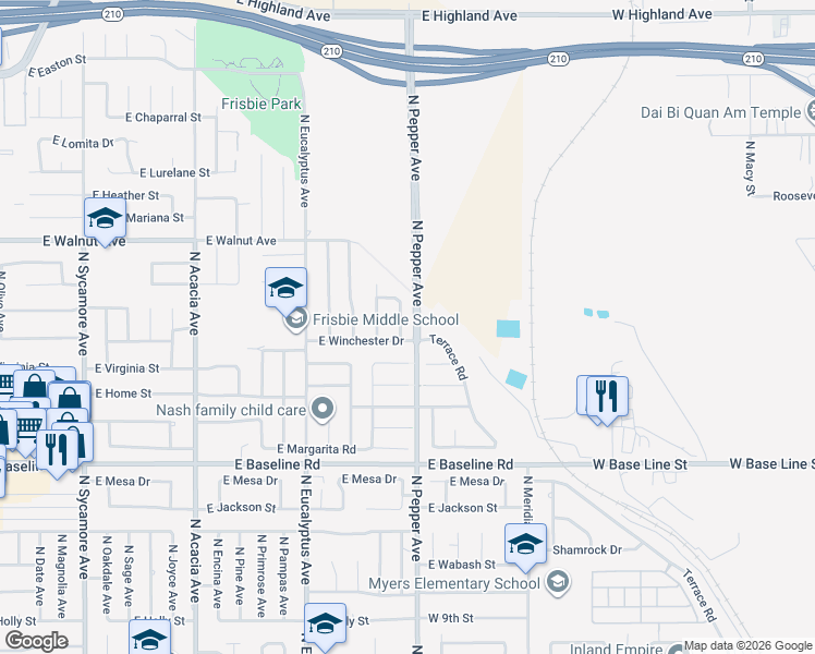 map of restaurants, bars, coffee shops, grocery stores, and more near 1486 North Birch Avenue in Rialto