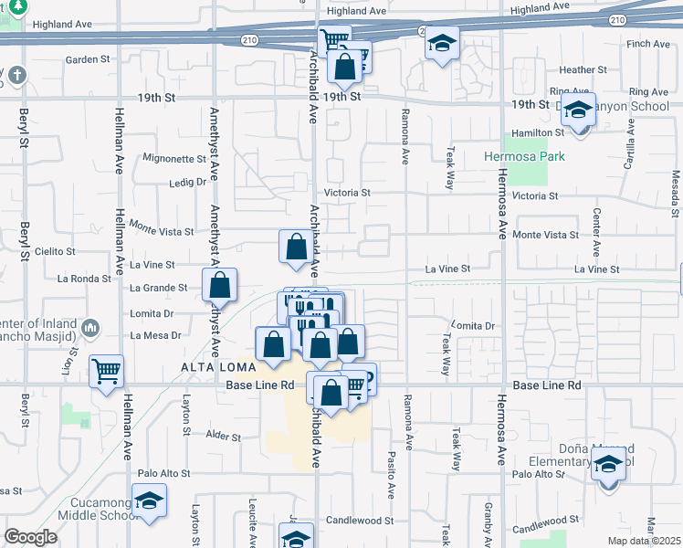map of restaurants, bars, coffee shops, grocery stores, and more near 9780 La Vine Court in Rancho Cucamonga