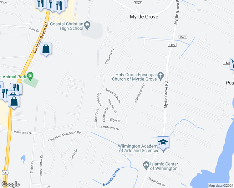 map of restaurants, bars, coffee shops, grocery stores, and more near 6213 Sentry Oaks Drive in Wilmington