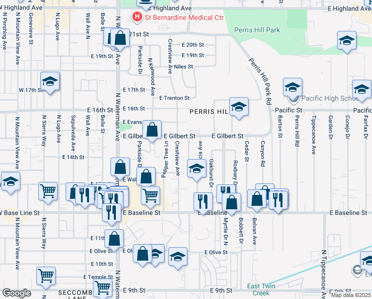 map of restaurants, bars, coffee shops, grocery stores, and more near 1456 Morse Street in San Bernardino