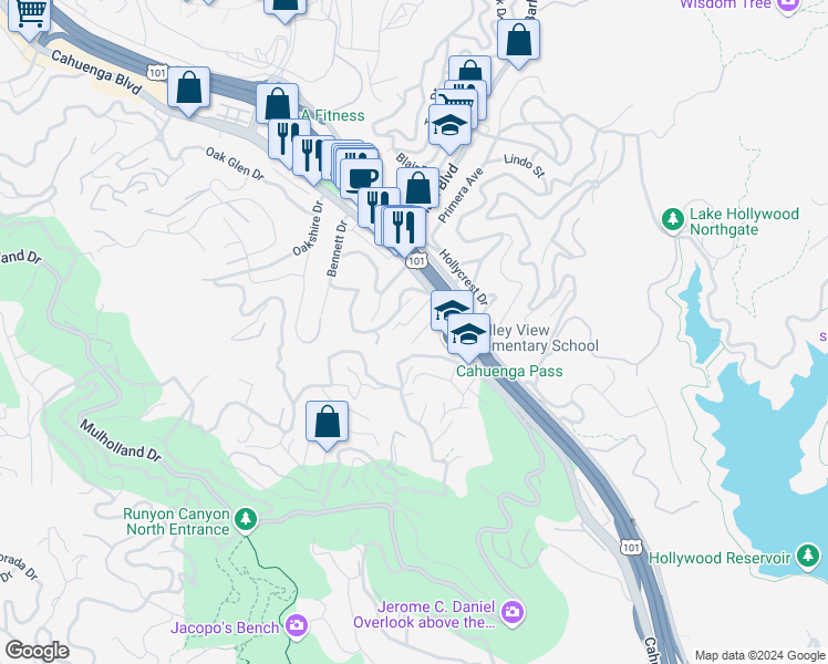 map of restaurants, bars, coffee shops, grocery stores, and more near 3135 Oakcrest Drive in Los Angeles
