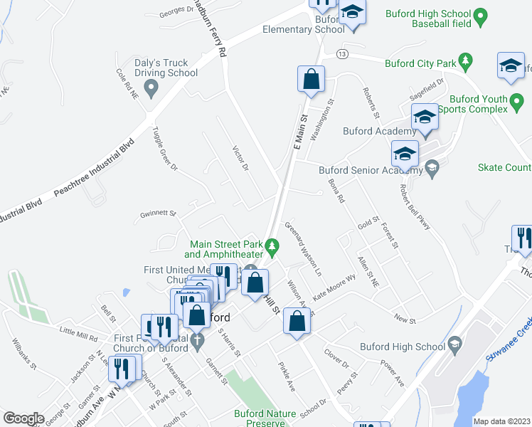 map of restaurants, bars, coffee shops, grocery stores, and more near 476 East Shadburn Avenue in Buford