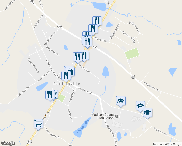 map of restaurants, bars, coffee shops, grocery stores, and more near Mama B Drive in Danielsville
