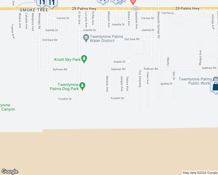 map of restaurants, bars, coffee shops, grocery stores, and more near 7019 Mission Avenue in Twentynine Palms