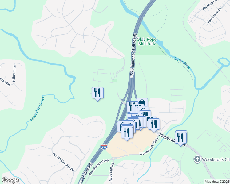 map of restaurants, bars, coffee shops, grocery stores, and more near 101 Evans Trail in Woodstock