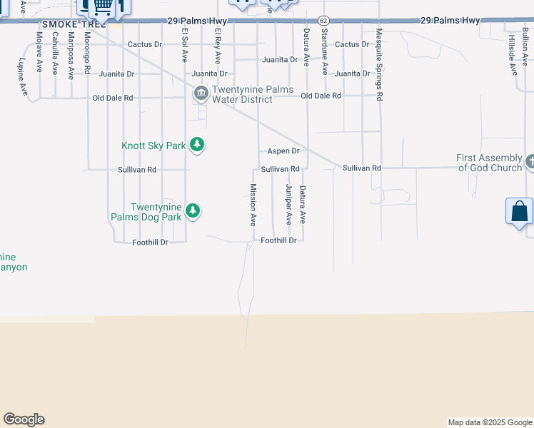 map of restaurants, bars, coffee shops, grocery stores, and more near 7022 49 Palms Avenue in Twentynine Palms