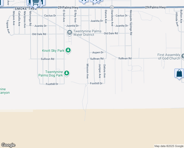map of restaurants, bars, coffee shops, grocery stores, and more near 7022 49 Palms Avenue in Twentynine Palms